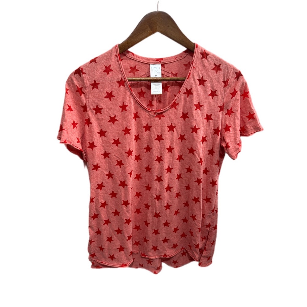 Time and Tru Star Print T-Shirt Womens Medium Red Pink‎ Excellent V-Neck Tee